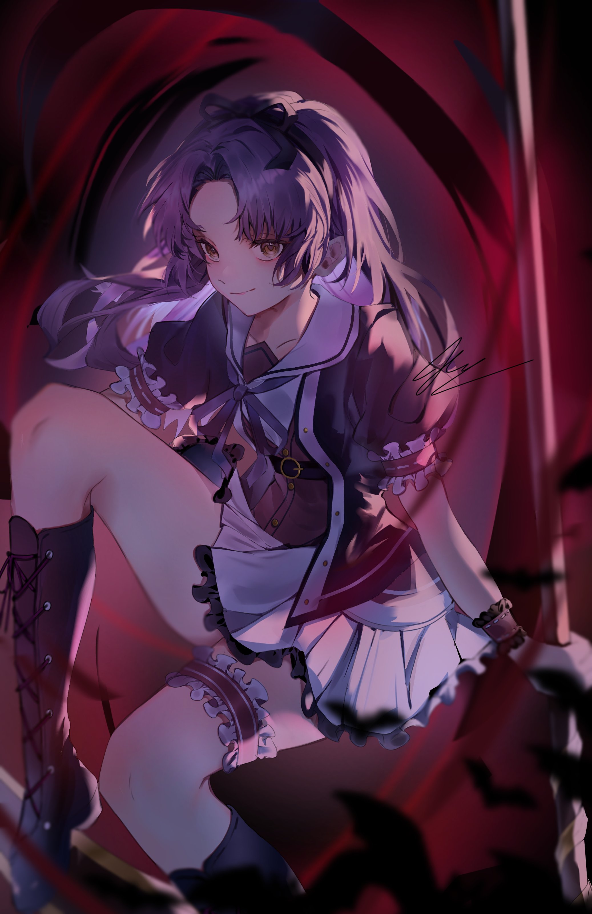 renne (eiyuu densetsu), eiyuu densetsu, sen no kiseki, sen no kiseki (series), sen no kiseki iv, absurdres, highres, 1girl, boots, frilled thigh strap, holding, holding scythe, k hannah, miniskirt, puffy short sleeves, puffy sleeves, purple hair, scythe, short sleeves, skirt, solo, thigh strap, white skirt, yellow eyes