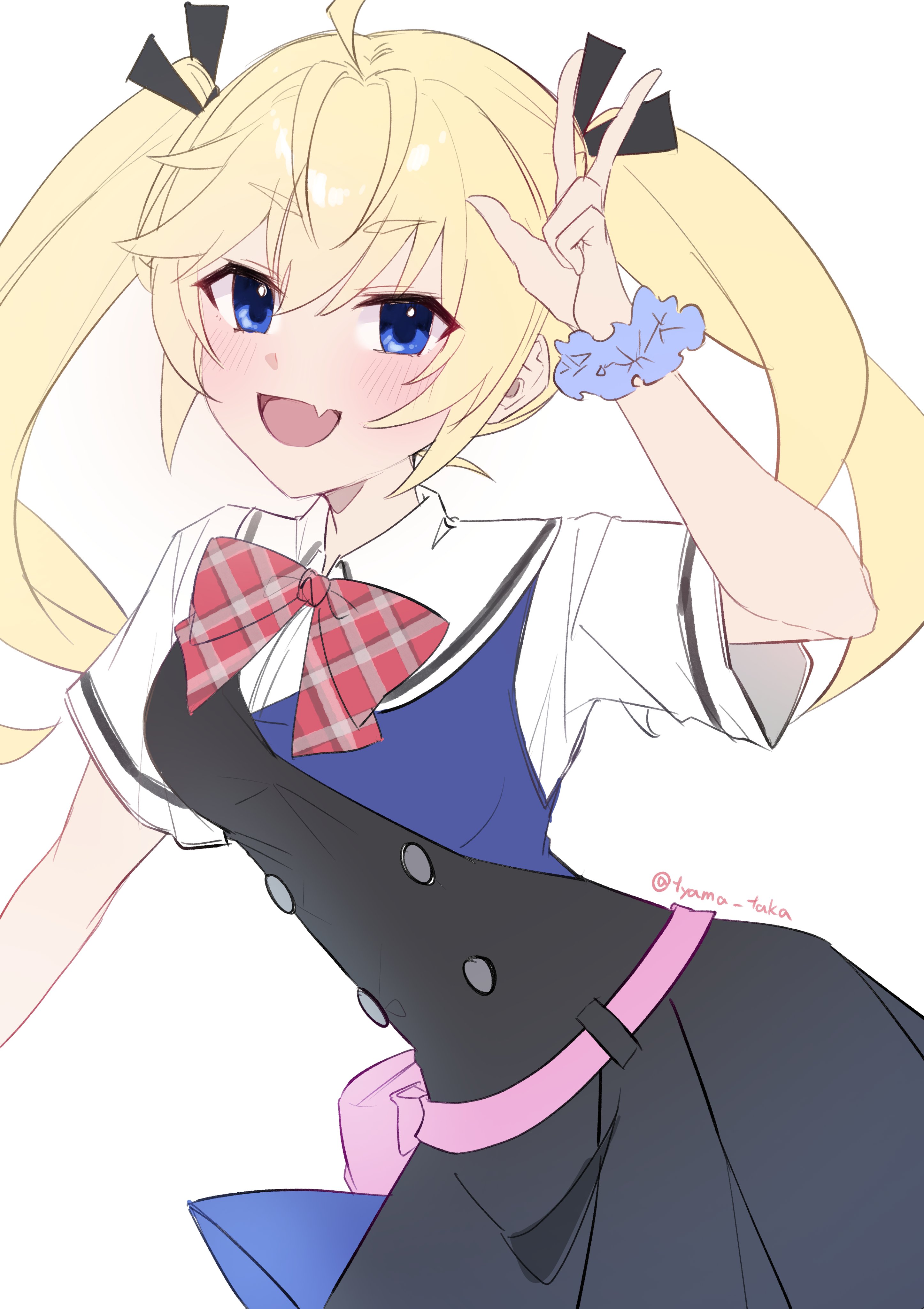 tyama taka, matsushima michiru, grisaia (series), grisaia no kajitsu, absurdres, commentary request, highres, 1girl, :d, ahoge, black dress, black ribbon, blonde hair, blue dress, blue eyes, blush, bow, bowtie, buttons, cowboy shot, double-breasted, dress, fang, hair ribbon, long hair, mihama private academy school uniform, open mouth, plaid bow, plaid bowtie, plaid clothes, red bow, red bowtie, ribbon, sailor collar, school uniform, serafuku, shirt, sidelocks, simple background, skin fang, smile, solo, thick eyebrows, twintails, twitter username, two-tone dress, v-shaped eyebrows, white background, white sailor collar, white shirt