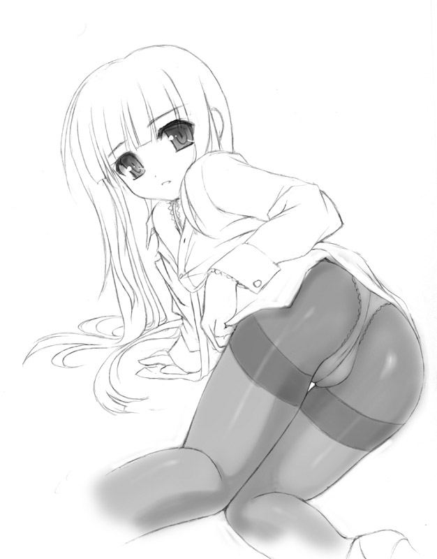 tsurusaki takahiro, 1girl, ass, bent over, crotch seam, female focus, greyscale, monochrome, panties, panties under pantyhose, pantyhose, solo, thighband pantyhose, underwear