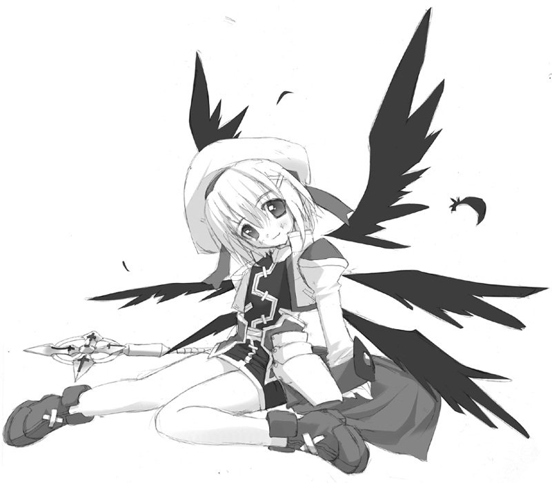 tsurusaki takahiro, schwertkreuz, yagami hayate, lyrical nanoha, mahou shoujo lyrical nanoha, mahou shoujo lyrical nanoha a's, 00s, 1girl, feathers, female focus, greyscale, hair ornament, magical girl, monochrome, sitting, solo, staff, unison (nanoha), waist cape, wings, x hair ornament