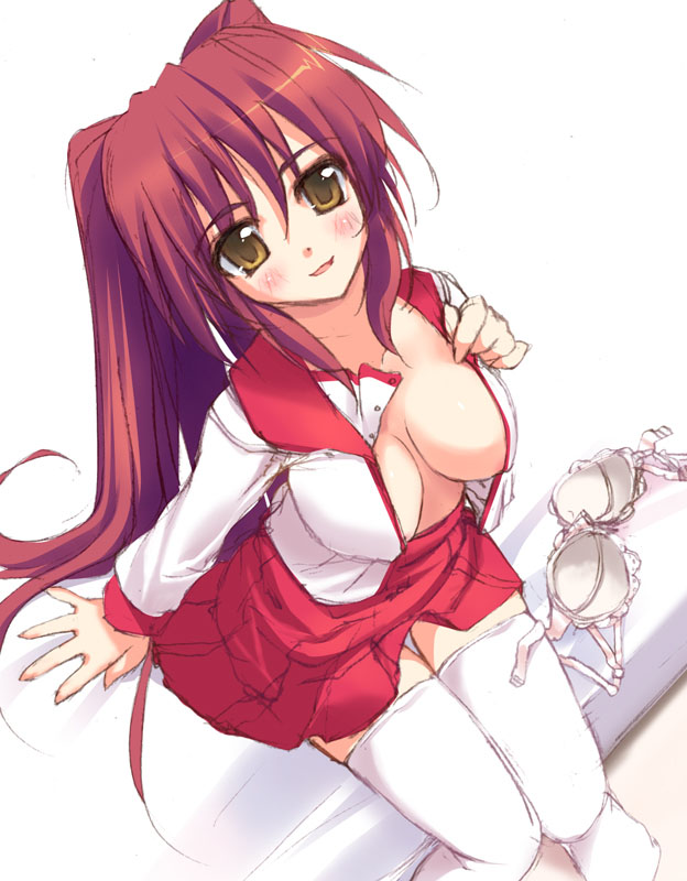 tsurusaki takahiro, kousaka tamaki, to heart (series), to heart 2, 00s, 1girl, bed, blush, bra, breasts, brown eyes, female focus, lingerie, long hair, open clothes, open shirt, red hair, school uniform, serafuku, shirt, solo, thighhighs, underwear, undressing, zettai ryouiki