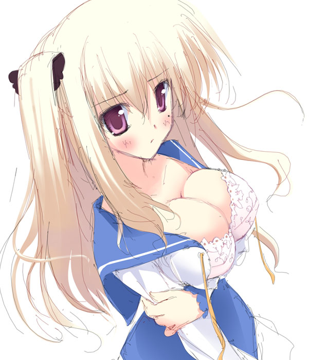 tsurusaki takahiro, hibarigaoka yuki, bra-ban!, breast hold, untied, 1girl, :/, blonde hair, blush, bra, breasts, cleavage, closed mouth, female focus, from side, hair between eyes, holding own arm, lace, lace-trimmed bra, lace trim, large breasts, lingerie, long hair, long sleeves, looking at viewer, mole, mole under eye, open clothes, open shirt, purple eyes, ribbon, school uniform, serafuku, shirt, sidelocks, sketch, skirt, solo, two side up, underwear, upper body, white bra, white hair