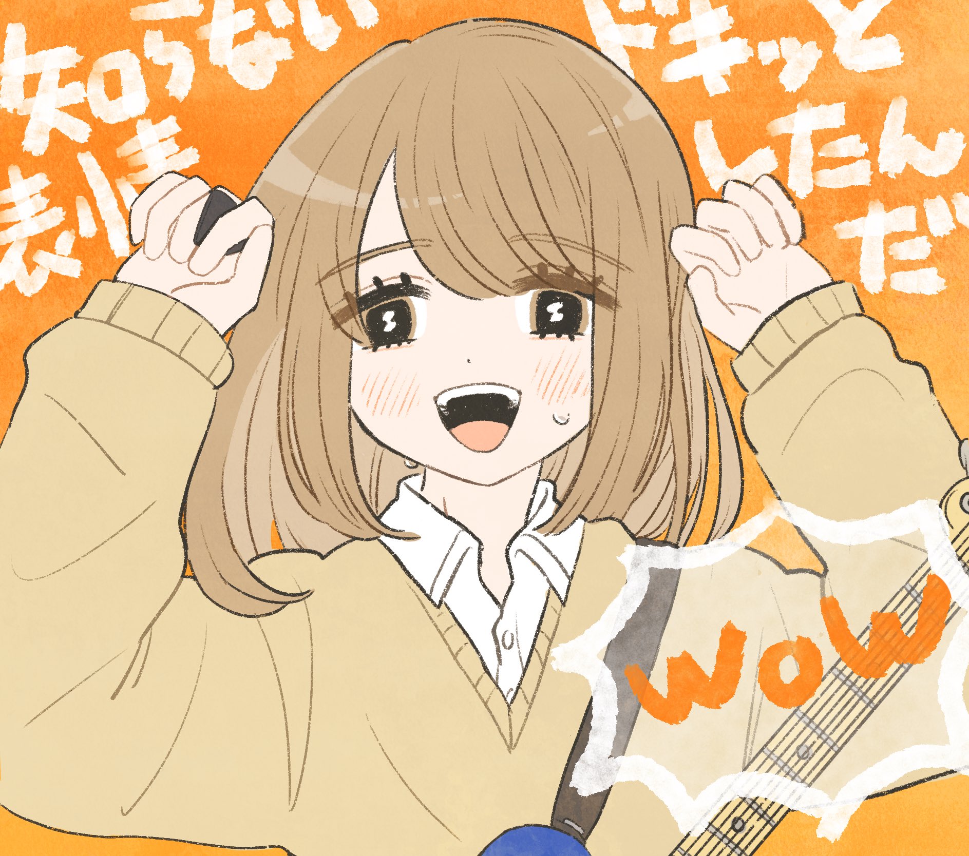 kon o o, takami kouki, futsuu no keion-bu, commentary request, highres, translation request, 1boy, :d, blush, brown eyes, brown hair, crossdressing, crossdressing (mtf), electric guitar, guitar, guitar strap, hands up, holding, holding plectrum, instrument, long hair, long sleeves, male focus, open mouth, orange background, plectrum, smile, solo, sweat, sweater, swept bangs, trap, upper body, yellow sweater