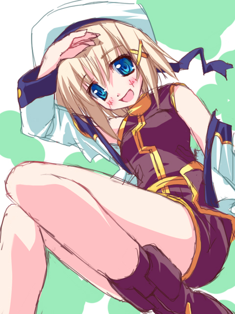 tsurusaki takahiro, yagami hayate, lyrical nanoha, mahou shoujo lyrical nanoha, mahou shoujo lyrical nanoha a's, 00s, 1girl, blue eyes, female focus, hair ornament, hat, jacket, jacket off shoulders, magical girl, off shoulder, solo, unison (nanoha), x hair ornament