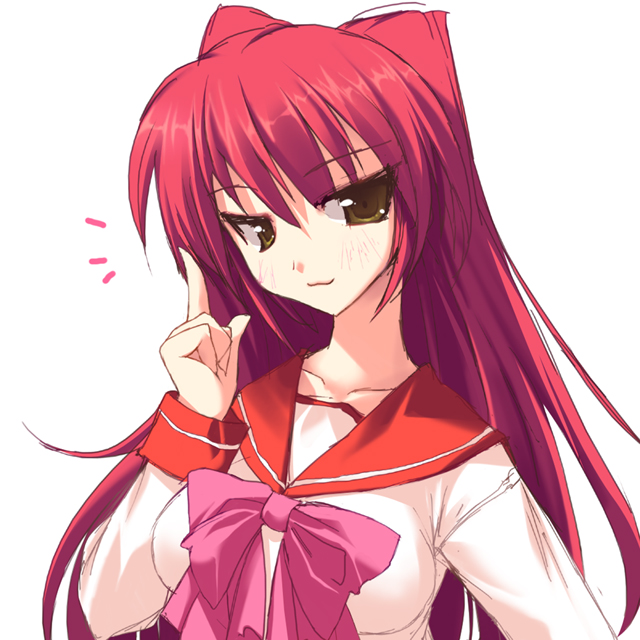 tsurusaki takahiro, kousaka tamaki, to heart (series), to heart 2, 00s, 1girl, :3, bow, bowtie, brown eyes, female focus, index finger raised, long hair, pointing, red hair, school uniform, smirk, solo, upper body, yellow eyes