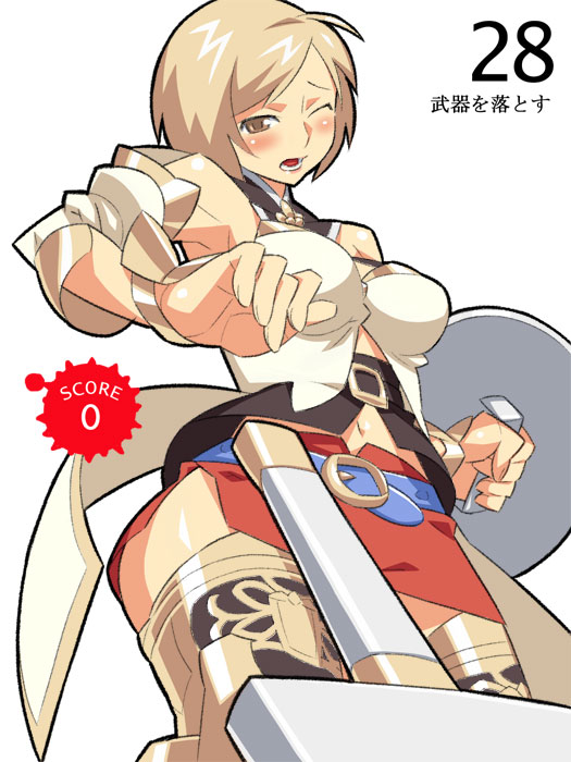 itsumo nokoru, ashelia b'nargin dalmasca, final fantasy, final fantasy xii, square enix, archived source, commentary, english commentary, translation request, 1girl, anime coloring, arm guards, armor, armpits, bare shoulders, belt, belt buckle, black corset, black outline, blonde hair, blue belt, blush, buckle, corset, cowboy shot, cuisses, detached sleeves, dropping, fantasy, fingernails, flapper shirt, foreshortening, from below, gold armor, gold buckle, holding, holding shield, leg armor, lower teeth only, microskirt, midriff, navel, one eye closed, open mouth, outline, pencil skirt, poleyn, raised inner eyebrows, red skirt, shield, shirt, short hair, side slit, skirt, sleeveless, sleeveless shirt, solo, swept bangs, sword, teeth, thick outlines, tongue, weapon, white background, white shirt, white sleeves, yellow eyes