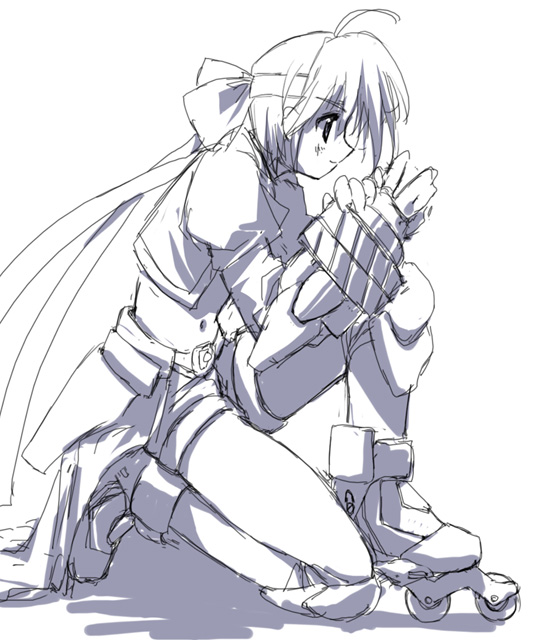 tsurusaki takahiro, mach caliber, revolver knuckle, subaru nakajima, lyrical nanoha, mahou shoujo lyrical nanoha, mahou shoujo lyrical nanoha strikers, 00s, 1girl, ahoge, blue theme, female focus, inline skates, monochrome, roller skates, short shorts, shorts, skates, solo, waist cape