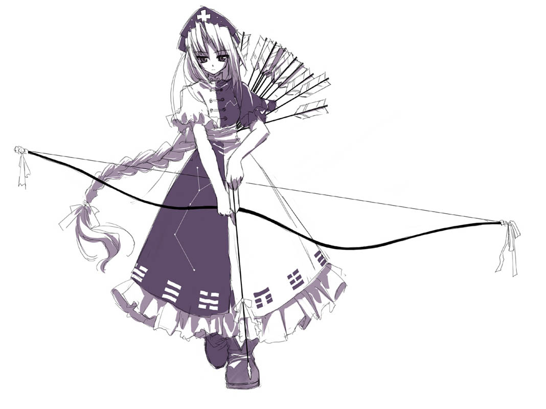 tsurusaki takahiro, yagokoro eirin, touhou, 1girl, arrow (projectile), bow (weapon), braid, expressionless, female focus, hair tie, hat, long hair, monochrome, nurse, nurse cap, purple theme, simple background, single braid, solo, standing, trigram, very long hair, weapon