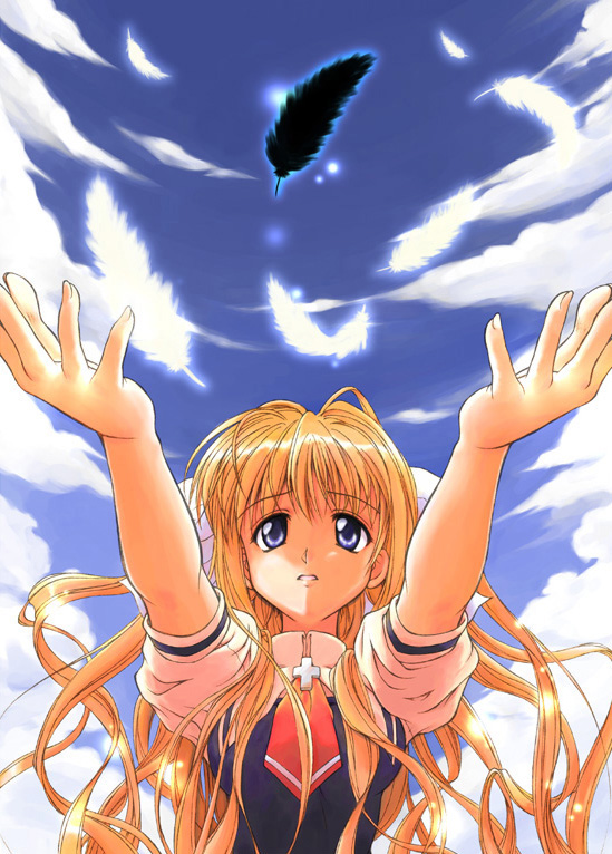 hirasaka makoto, kamio misuzu, air (visual novel), 00s, 1girl, blonde hair, blue eyes, blue sky, cloud, cross, day, feathers, female focus, hair intakes, long hair, looking at viewer, outdoors, outstretched arms, school uniform, sky, solo, upper body