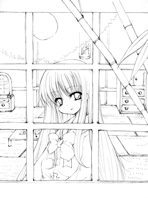 catbell, houraisan kaguya, touhou, 1girl, female focus, greyscale, lineart, long hair, monochrome, solo, window