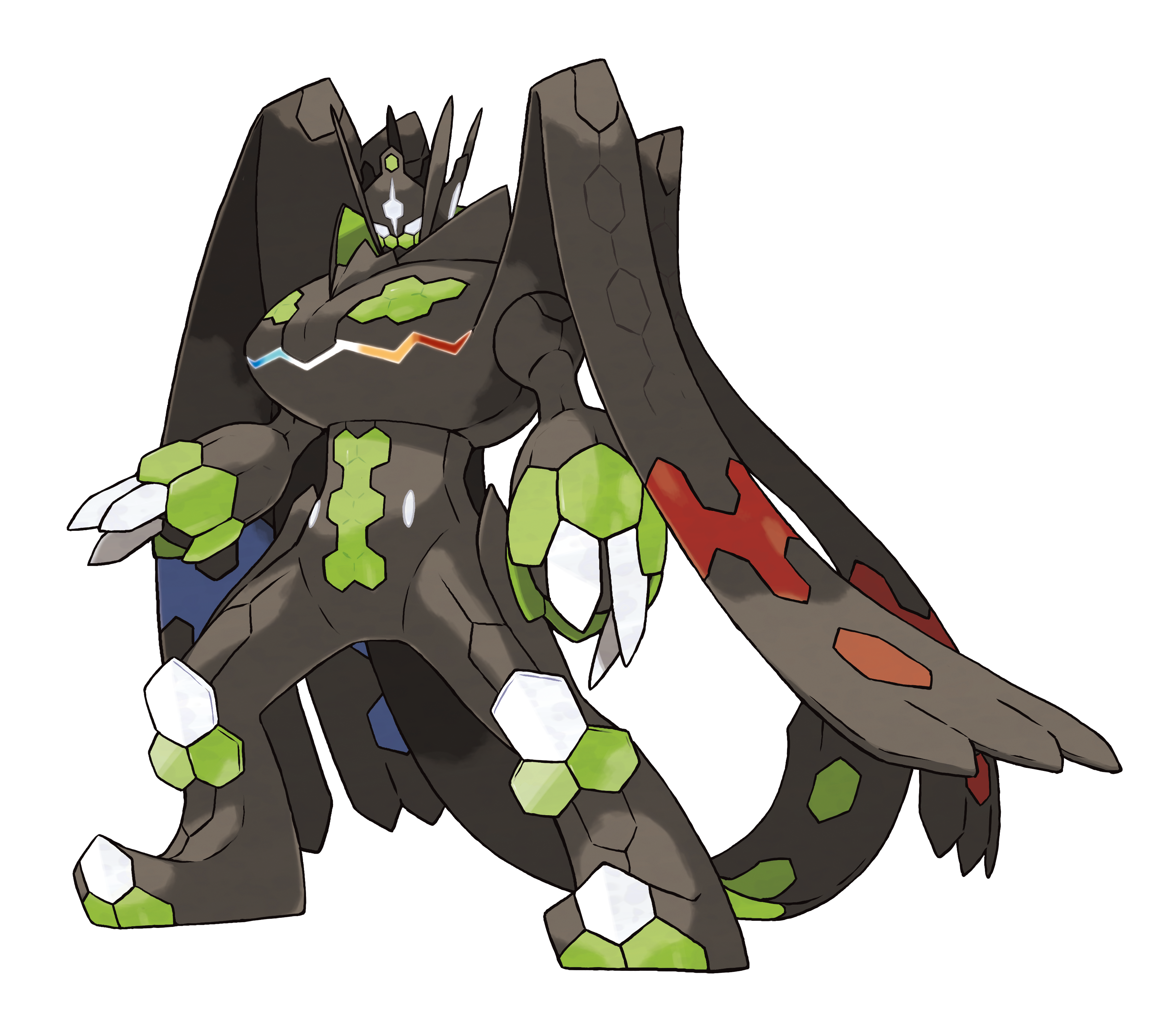 zygarde, zygarde (complete), nintendo, pokemon, pokemon sm, absurdres, artist request, highres, official art, second-party source, chest mouth, claws, dragon, full body, gen 6 pokemon, glowing, glowing mouth, hexagon, legendary pokemon, monster, multiple wings, no humans, pokemon (creature), standing, tail, transparent background, wings