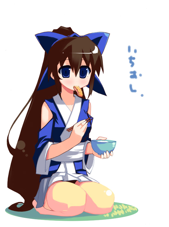 shin (new), suzu (nagasarete airantou), nagasarete airantou, 00s, bare shoulders, barefoot, blue eyes, chopsticks, eating, food, japanese clothes, kneeling, long hair, mouth hold, solo, very long hair