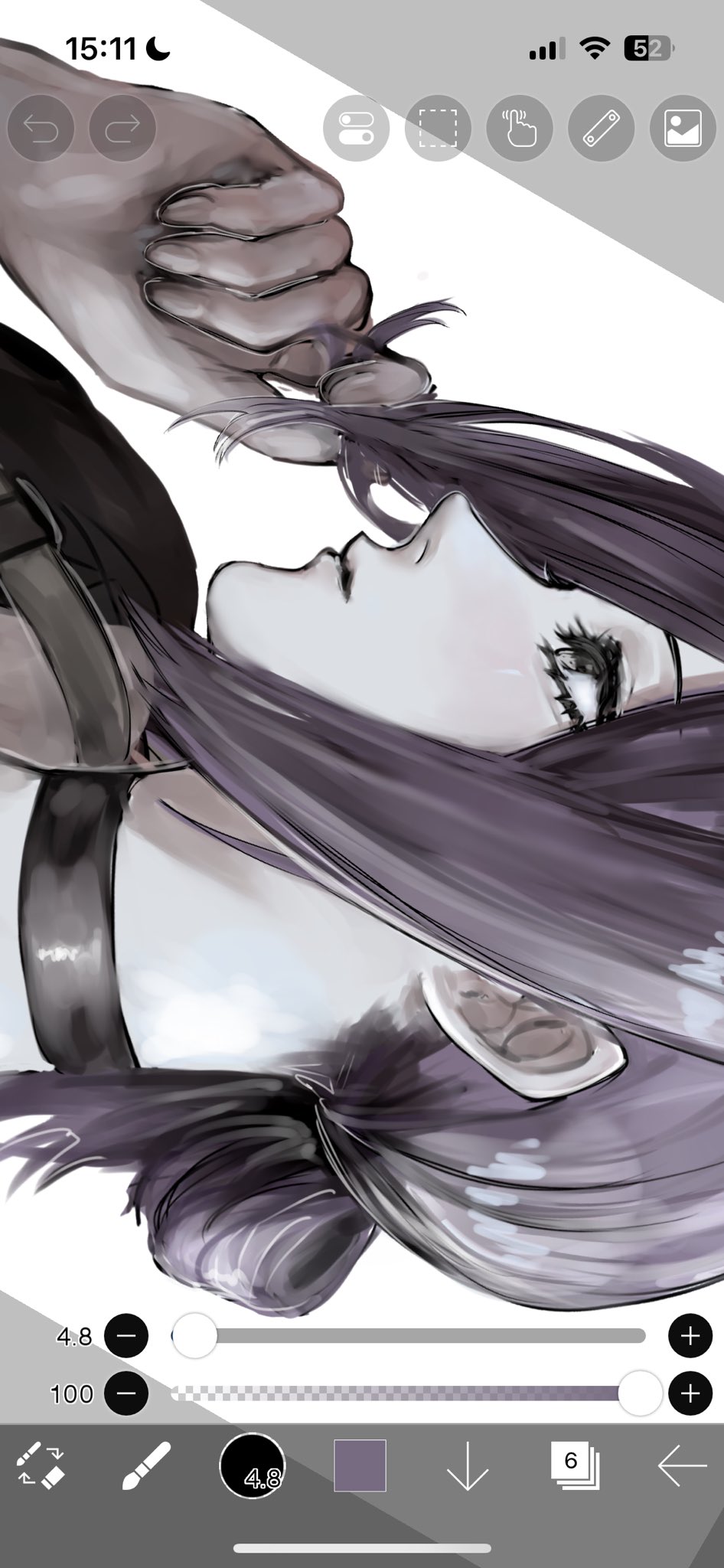 reze (chainsaw man), chainsaw man, screencap, hashtag-only commentary, highres, ibispaint (medium), 1girl, black choker, black eyes, black hair, choker, closed mouth, eyelashes, ibispaint, nini 2i2, sideways, solo