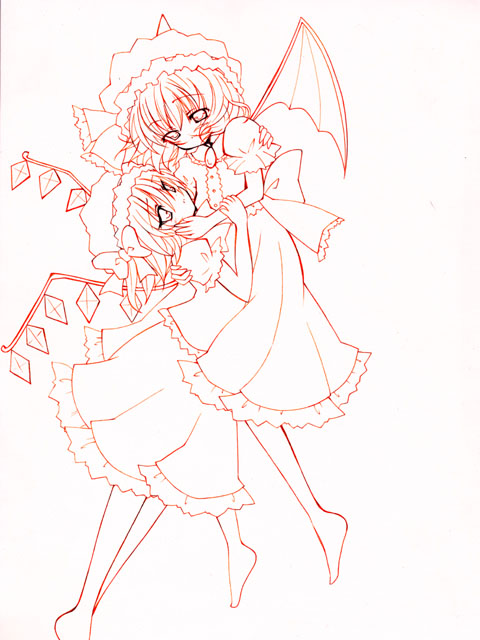 catbell, flandre scarlet, remilia scarlet, touhou, 2girls, female focus, monochrome, multiple girls, red theme, siblings, sisters, wings