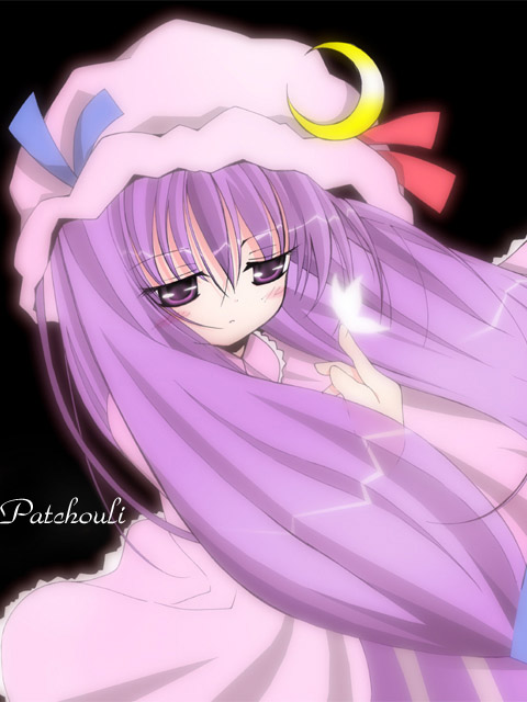 catbell, patchouli knowledge, touhou, 1girl, character name, crescent, female focus, hat, long hair, purple hair, solo