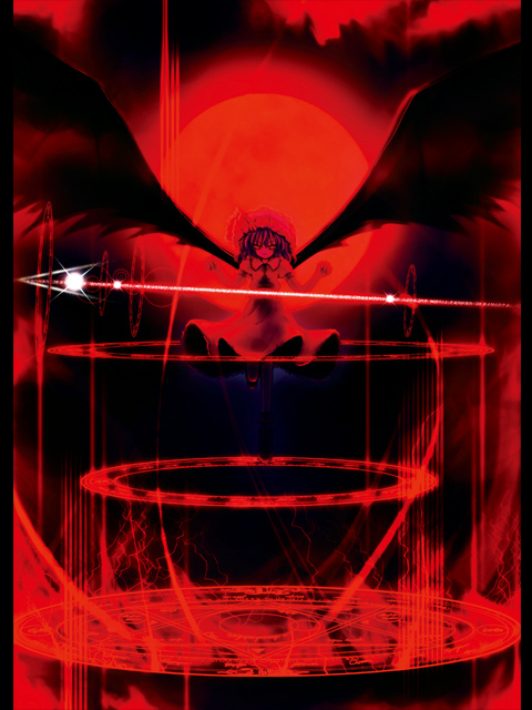catbell, remilia scarlet, touhou, 1girl, female focus, full moon, hat, magic circle, monochrome, moon, red moon, solo, spear the gungnir, spot color, wings