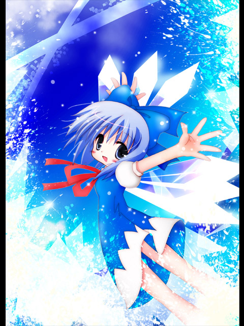 catbell, cirno, touhou, 1girl, blue background, bow, circled 9, female focus, from side, smile, solo