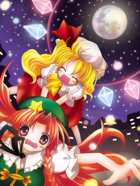 catbell, flandre scarlet, hong meiling, embodiment of scarlet devil, touhou, 2girls, ^ ^, blonde hair, building, closed eyes, fang, female focus, full moon, hat, long hair, looking at viewer, mob cap, moon, multiple girls, night, night sky, open mouth, puffy short sleeves, puffy sleeves, red eyes, red hair, red skirt, short sleeves, skirt, sky, smile, star (sky), star (symbol), starry sky, v arms