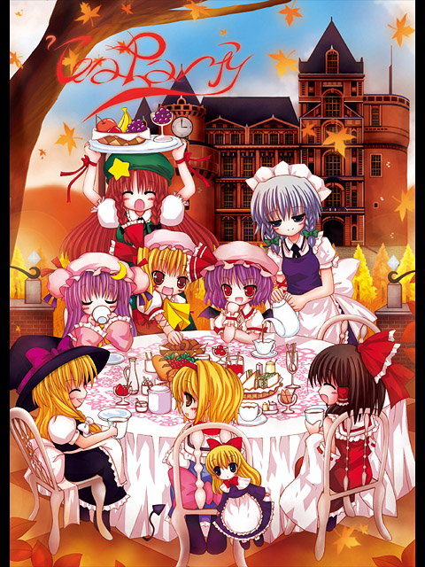 catbell, alice margatroid, flandre scarlet, hakurei reimu, hong meiling, izayoi sakuya, kirisame marisa, patchouli knowledge, remilia scarlet, shanghai doll, touhou, 6+girls, ^ ^, autumn, autumn leaves, blonde hair, chair, closed eyes, cup, day, dinner, drinking, eating, english text, female focus, food, hat, leaf, mob cap, multiple girls, on chair, outdoors, pillarboxed, plate, sandwich, scarlet devil mansion, siblings, sisters, sitting, standing, table, teacup, wings, witch hat