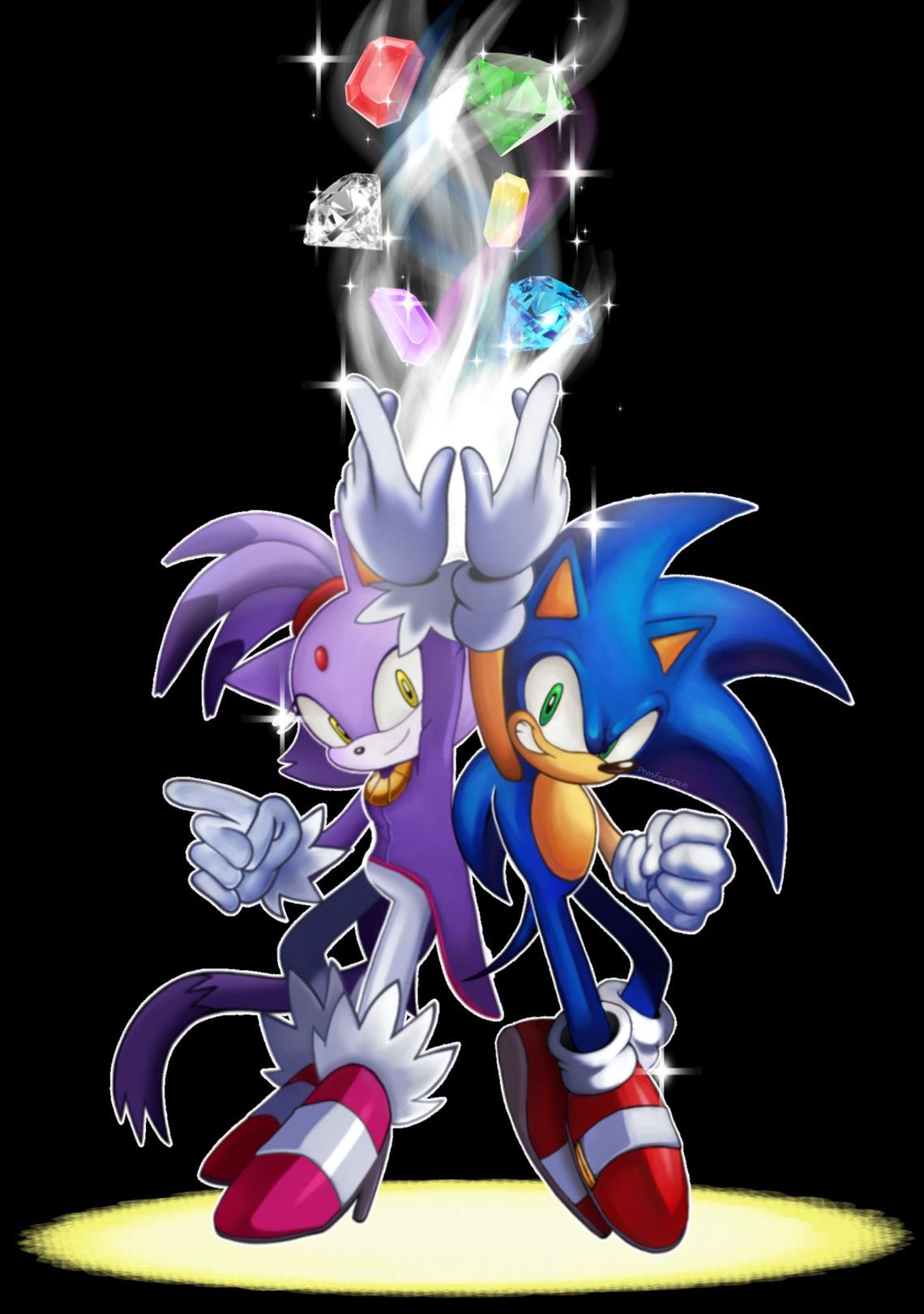 blaze the cat, sonic the hedgehog, sonic (series), sonic rush, highres, 1boy, 1girl, arm up, back-to-back, black background, blnkn01z, cat girl, chaos emerald, forehead jewel, gloves, glowing, green eyes, grin, hedgehog boy, smile, sol emerald, yellow eyes