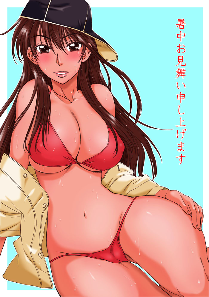 hanzaki jirou, momoe maria, ookiku furikabutte, screencap, 00s, 1girl, baseball cap, bikini, blush, breasts, brown eyes, brown hair, cleavage, covered erect nipples, female focus, hat, large breasts, long hair, lowleg, lowleg bikini, open clothes, open shirt, red bikini, shirt, solo, sweat, swimsuit, underboob