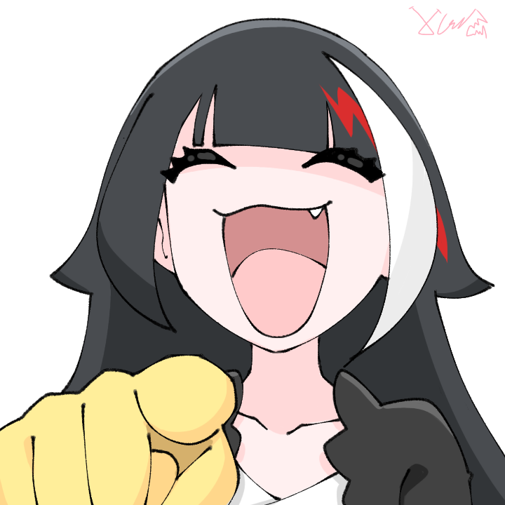 deutchii, deutschland (azur lane), azur lane, 1girl, black hair, blunt bangs, closed eyes, collarbone, emoji, fang, hair between eyes, hair tuft, laughing, laughing cat pointing at you (meme), long hair, long sleeves, meme, multicolored hair, no nose, open mouth, pointing, pointing at viewer, red hair, sidelocks, simple background, solo, streaked hair, upper body, white background, white hair