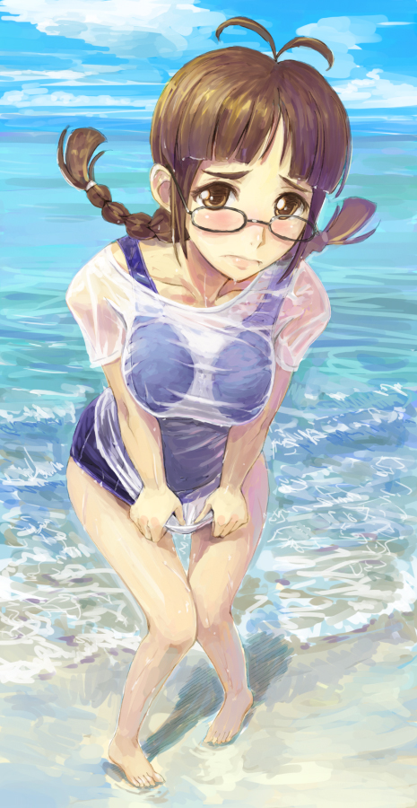 tani, akizuki ritsuko, idolmaster, idolmaster (classic), idolmaster 1, 00s, barefoot, beach, blush, braid, brown eyes, brown hair, covering crotch, covering privates, day, embarrassed, glasses, no pants, ocean, one-piece swimsuit, school swimsuit, shirt, shirt tug, solo, swimsuit, swimsuit under clothes, twin braids, wet, wet clothes, wet shirt