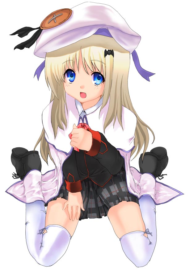 goban, noumi kudryavka, little busters!, blonde hair, blue eyes, buttons, cape, hat, large buttons, solo, thighhighs