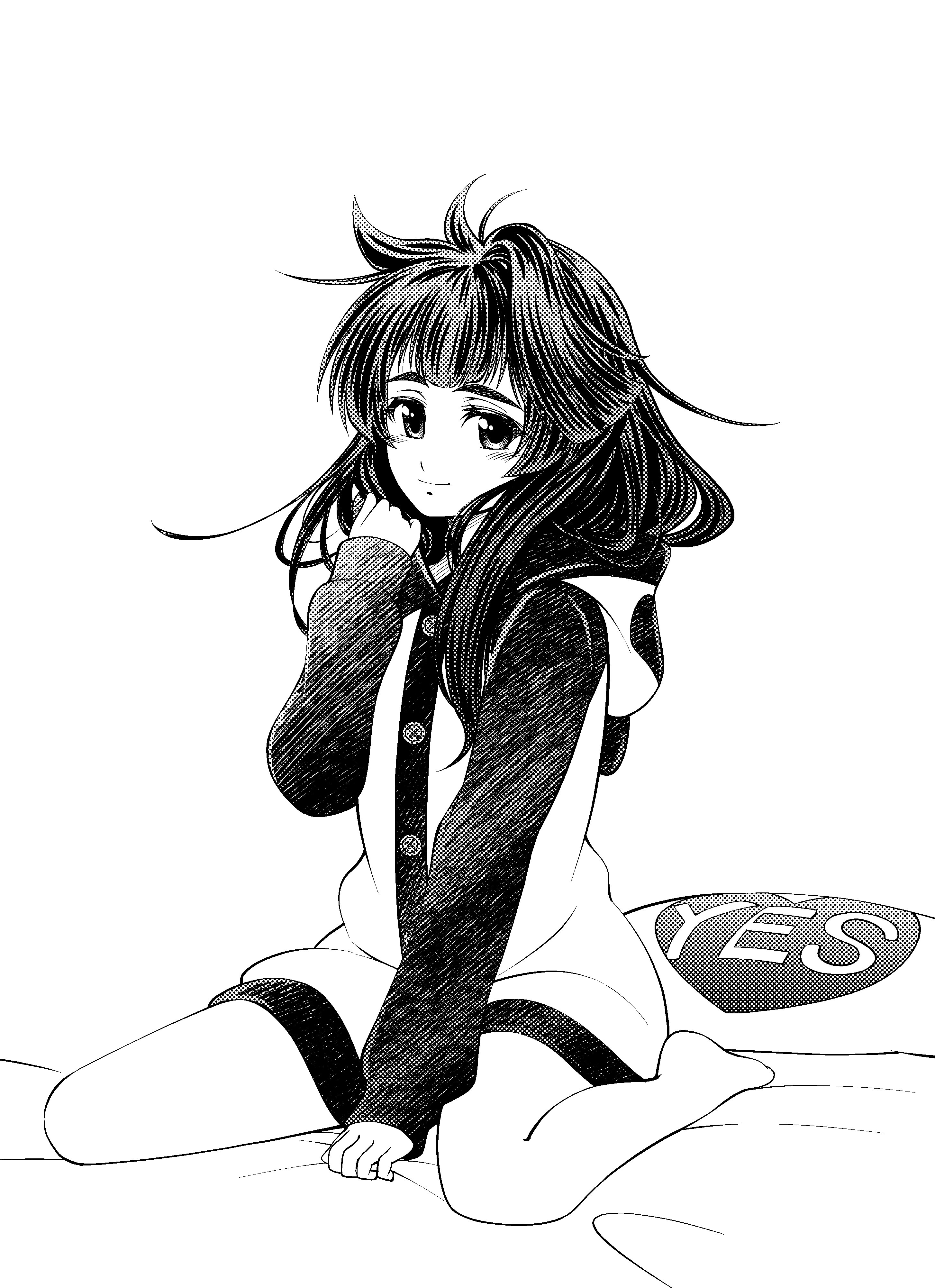 eibon, hiyajou maho, science adventure, steins;gate, steins;gate 0, absurdres, highres, 1girl, animal hood, animal hoodie, barefoot, bed sheet, blunt bangs, blush, greyscale, hair over shoulder, hood, hoodie, kneeling, long hair, messy hair, monochrome, on bed, panda hood, simple background, sitting, sleepwear, smile, solo, wariza, yes-no pillow
