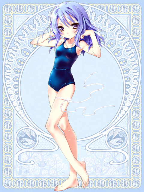 kamiya maneki, original, silver rain, 1girl, armpits, arms up, bare legs, bare shoulders, barefoot, blue hair, feet, female focus, flat chest, full body, hands in own hair, leg ribbon, one-piece swimsuit, purple eyes, purple hair, ribbon, school swimsuit, solo, standing, swimsuit, thigh ribbon