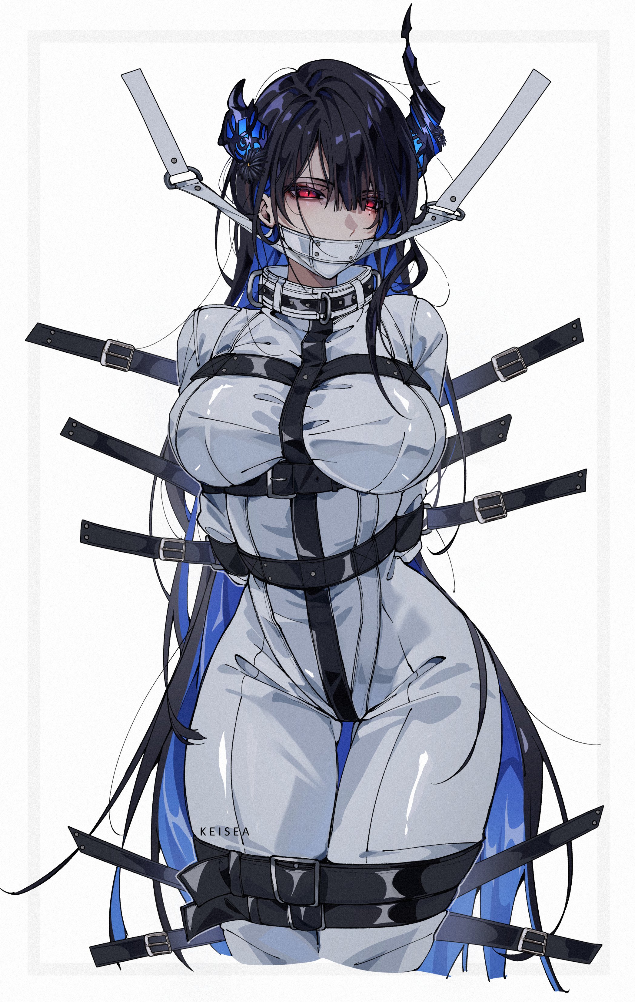 keisea, nerissa ravencroft, hololive, hololive english, absurdres, commentary, english commentary, highres, 1girl, arms behind back, asymmetrical horns, black hair, blue hair, bound, bound arms, bound legs, breasts, colored inner hair, cowboy shot, cropped legs, flower, gagged, glowing, glowing eyes, gluteal fold, horn flower, horns, large breasts, long hair, looking at viewer, mole, mole under eye, multicolored hair, red eyes, restrained, sidelocks, simple background, solo, straitjacket, uneven horns, very long hair, virtual youtuber, white background