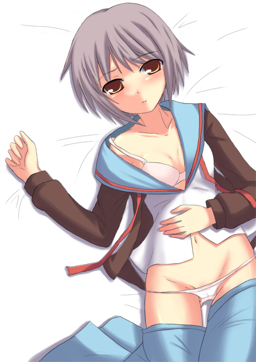 towamin, nagato yuki, suzumiya haruhi no yuuutsu, 00s, bra, lingerie, lowleg, lowleg panties, panties, school uniform, serafuku, solo, underwear, undressing
