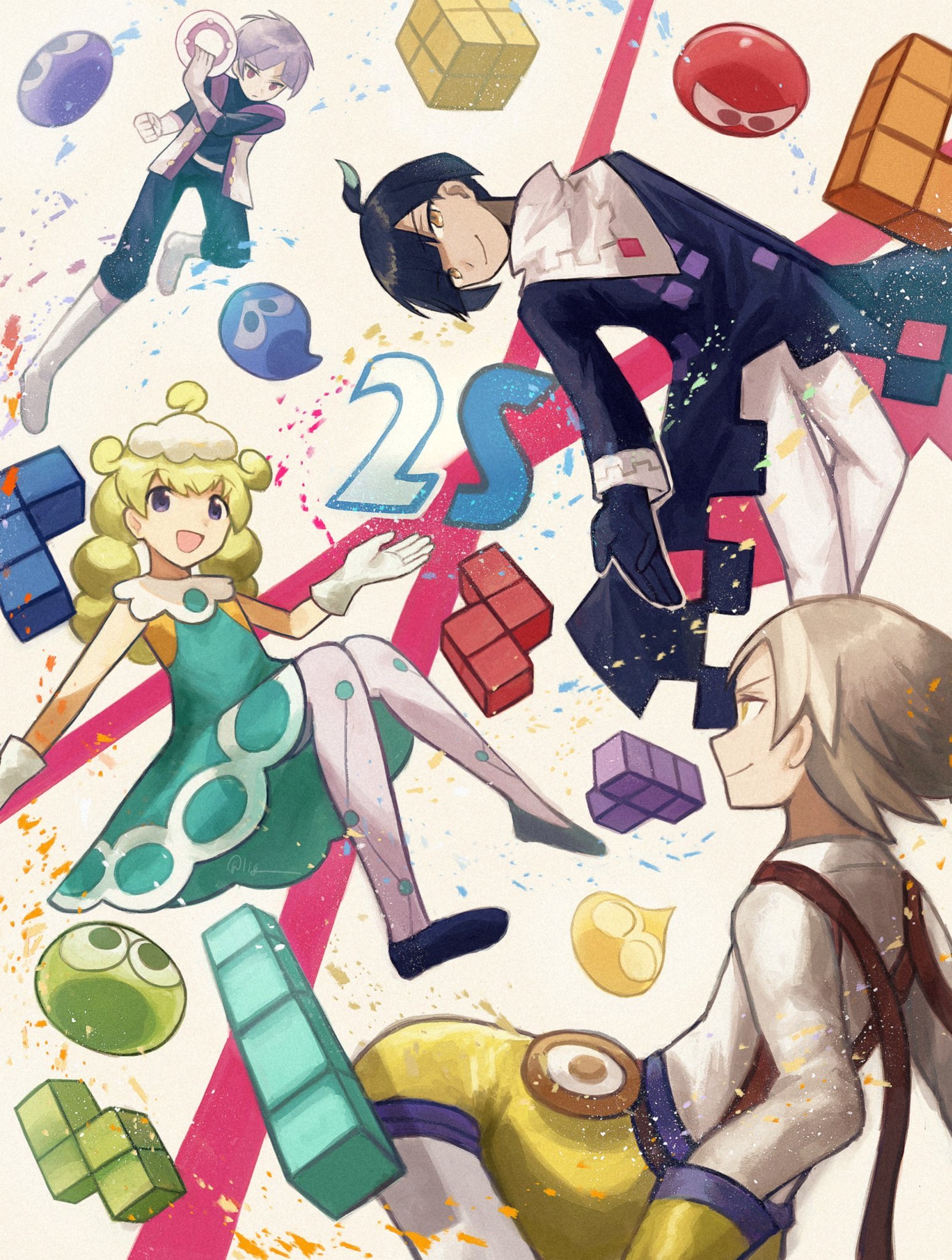 marle (puyopuyo), puyo (puyopuyo), squares (puyopuyo), tee (puyopuyo), puyopuyo, puyopuyo tetris 2, tetris, commentary, highres, 1girl, 3boys, ^ ^, ahoge, black coat, black gloves, black hair, black pants, black shirt, blonde hair, blue eyes, blue shoes, boots, brown hair, chakram, closed eyes, closed mouth, coat, dress, ex (puyopuyo), gloves, green dress, green eyes, grey hair, holding, lig00, looking at viewer, medium hair, multiple boys, open clothes, open mouth, open vest, pants, pantyhose, purple eyes, red eyes, shirt, shoes, short hair, shorts, sleeve cuffs, sleeveless, sleeveless dress, smile, suspenders, tetromino, vest, weapon, white boots, white gloves, white pants, white pantyhose, white shirt, white vest, yellow eyes, yellow shorts