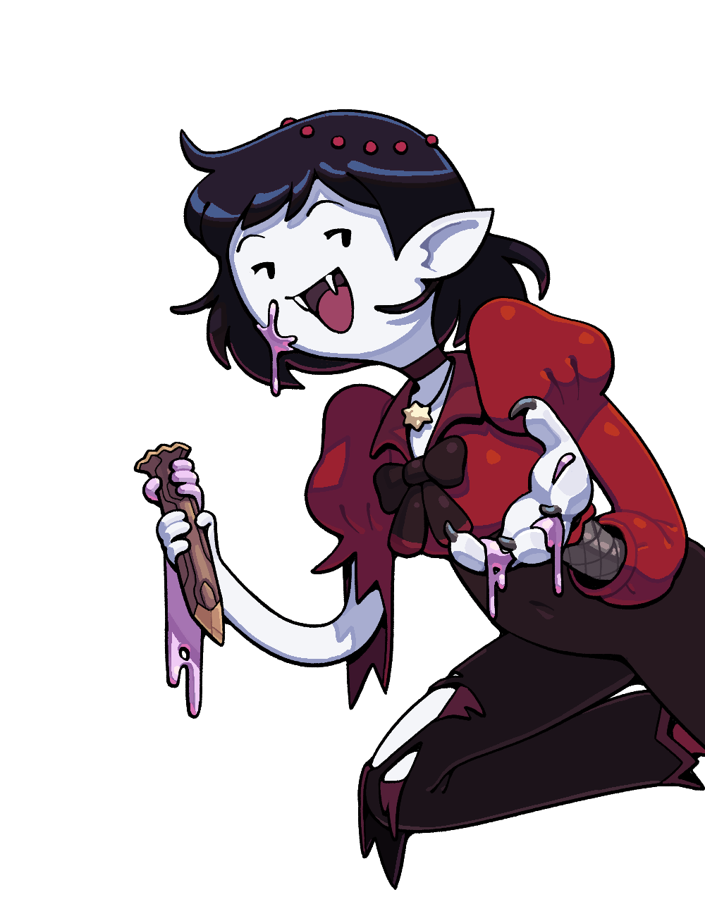 discount-supervillain, bonnibel bubblegum (vampire world), marceline abadeer, princess bonnibel bubblegum, the star (adventure time), adventure time, adventure time: fionna and cake, highres, 1girl, black hair, blood, blood on face, chewing gum, colored skin, demon girl, fangs, food, food on face, implied murder, jewelry, necklace, official alternate costume, official alternate hair length, official alternate hairstyle, pink blood, pointy ears, severed arm, severed limb, short hair, smile, solo, stake, star (symbol), star necklace, vampire, white skin