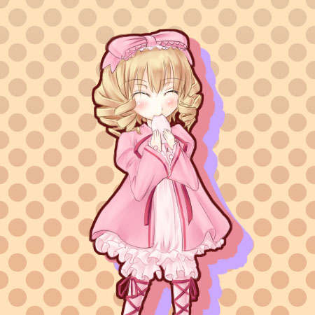 asa (swallowtail), hinaichigo, rozen maiden, lowres, 00s, 1girl, ^ ^, blonde hair, blush, bow, closed eyes, dress, drill hair, eating, female focus, food, holding, long sleeves, pink bow, pink dress, polka dot, polka dot background, simple background, solo, standing, steamed bun, swallowtail