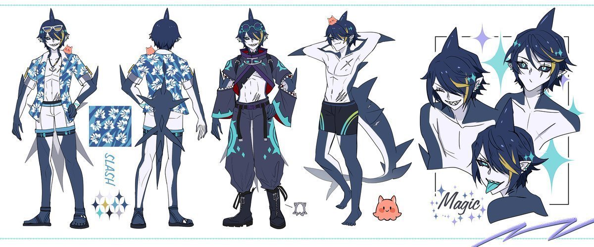 indie virtual youtuber, character request, second-party source, 1boy, blue eyes, blue sclera, colored sclera, fins, fish tail, gills, magic necro, male focus, midriff peek, monster boy, pointy ears, reference sheet, scar, scar on chest, shark boy, shark fin, shark tail, sharp teeth, tail, teeth, virtual youtuber