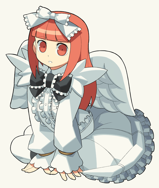 itsumo nokoru, windia (deathsmiles), cave (developer), deathsmiles, small pupils, archived source, 1girl, angel, angel wings, anime coloring, arched back, black bow, blunt bangs, bow, buttons, center frills, dot nose, fingernails, frilled bow, frilled skirt, frills, fur trim, hair bow, hands on ground, jacket, lace-trimmed sleeves, lace trim, legs together, lolita fashion, long hair, long sidelocks, long sleeves, looking at viewer, open clothes, open jacket, orange eyes, orange hair, parted lips, shirt, sidelocks, simple background, single sleeve past wrist, sitting, skirt, solo, straight hair, thighhighs, twisted torso, white background, white bow, white jacket, white shirt, white skirt, white sleeves, white theme, white thighhighs, white wings, wing collar, wings