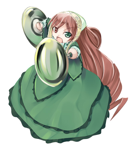 asa (swallowtail), suiseiseki, rozen maiden, lowres, 00s, 1girl, :d, brown hair, dress, female focus, green eyes, grey hair, headscarf, layered dress, long hair, long sleeves, open mouth, outstretched arms, red eyes, simple background, smile, solo, standing, swallowtail, very long hair, white background, white headscarf
