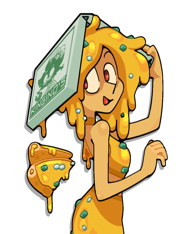 discount-supervillain, lapis lazuli (steven universe), steven universe, alternate hair color, alternate skin color, cheese, crop top, food, food-themed hair, food wings, pizza, pizza box, pizza slice, red eyes, skirt, smile
