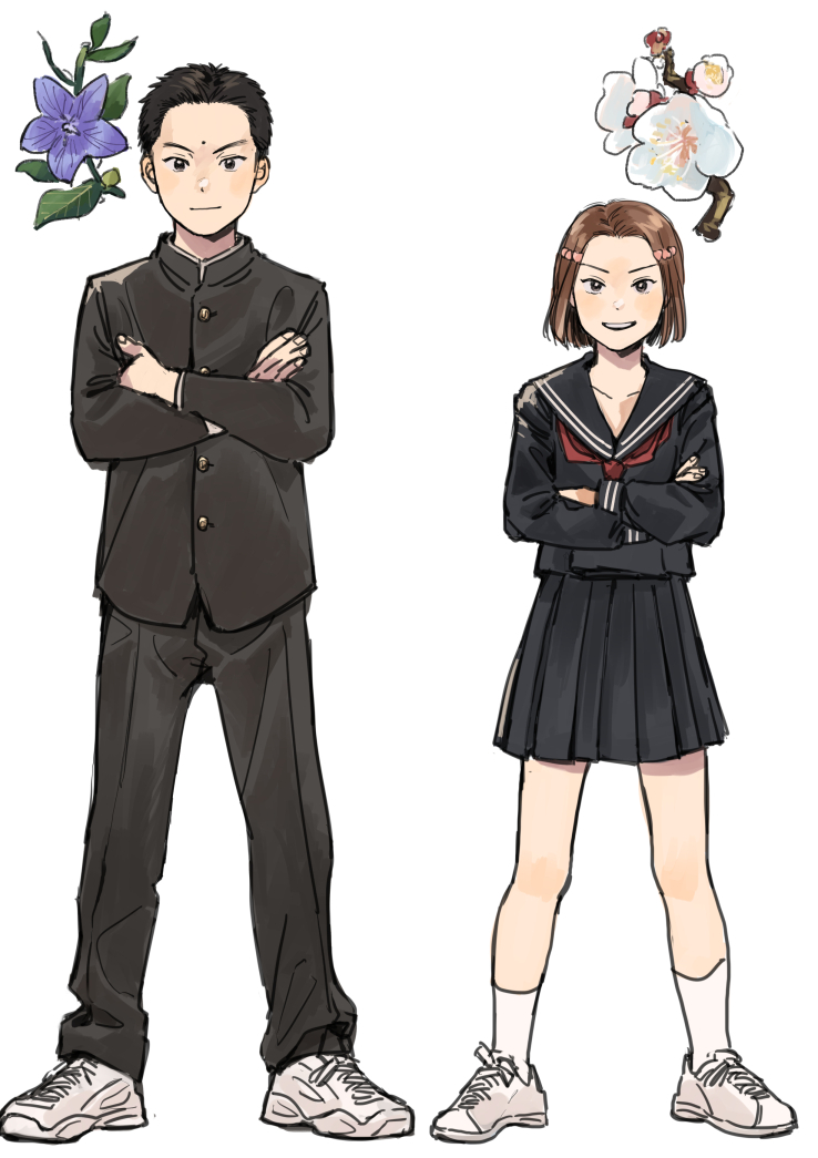 coincoinco, tachibana an, tennis no ouji-sama, flower request, 1boy, 1girl, ankle socks, black hair, black jacket, black pants, black serafuku, black shirt, black skirt, bob cut, brother and sister, brown eyes, brown hair, collarbone, crossed arms, curtained hair, fingernails, gakuran, grin, hair ornament, hairpin, heart, heart hair ornament, jacket, knee blush, legs apart, light blush, light smile, long sleeves, looking at viewer, multiple hairpins, neckerchief, pants, parted hair, pleated skirt, red neckerchief, school uniform, serafuku, shirt, shoes, short hair, siblings, simple background, skirt, smile, sneakers, socks, standing, straight-on, tachibana kippei, v-shaped eyebrows, very short hair, white background, white shoes, white socks