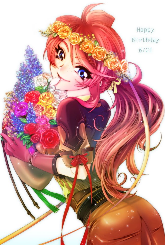 kannah, gemini sunrise, sakura taisen, sakura taisen v, blue eyes, bouquet, cowboy hat, cowboy western, flower, from behind, gloves, hair tie, happy birthday, hat, head wreath, holding, holding bouquet, jacket, looking at viewer, orange jacket, orange skirt, ponytail, red gloves, red hair, shirt, sidelocks, skirt, smile, yellow shirt