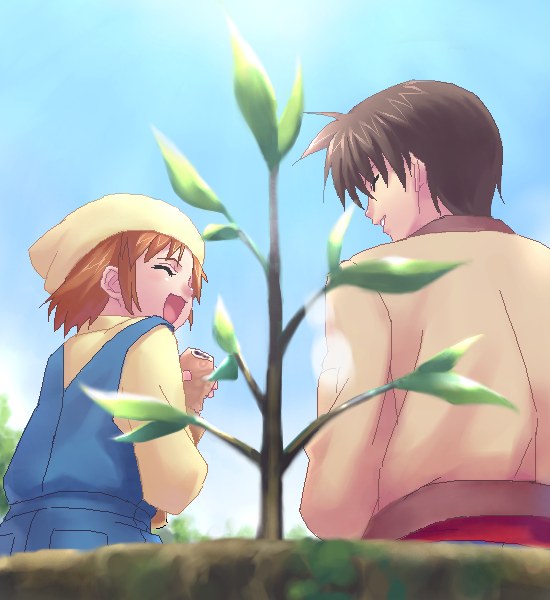 zen, aizawa yuuichi, tsukimiya ayu, kanon, spoilers, 1boy, 1girl, alternate hairstyle, brown hair, closed eyes, food, hat, jacket, oekaki, open mouth, overalls, short hair, sitting, smile, taiyaki, wagashi