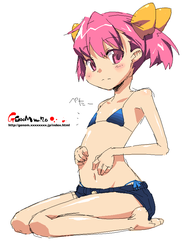 onija tarou, original, 1girl, bikini, blue bikini, female focus, flat chest, full body, oekaki, pink eyes, pink hair, short hair, shorts, simple background, sitting, solo, swimsuit, twintails, watermark, web address, white background