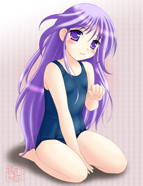 neopure, watarase jun, happiness!, 00s, 1boy, :3, barefoot, crossdressing, crossdressing (mtf), full body, gradient background, male focus, one-piece swimsuit, school swimsuit, solo, swimsuit, trap