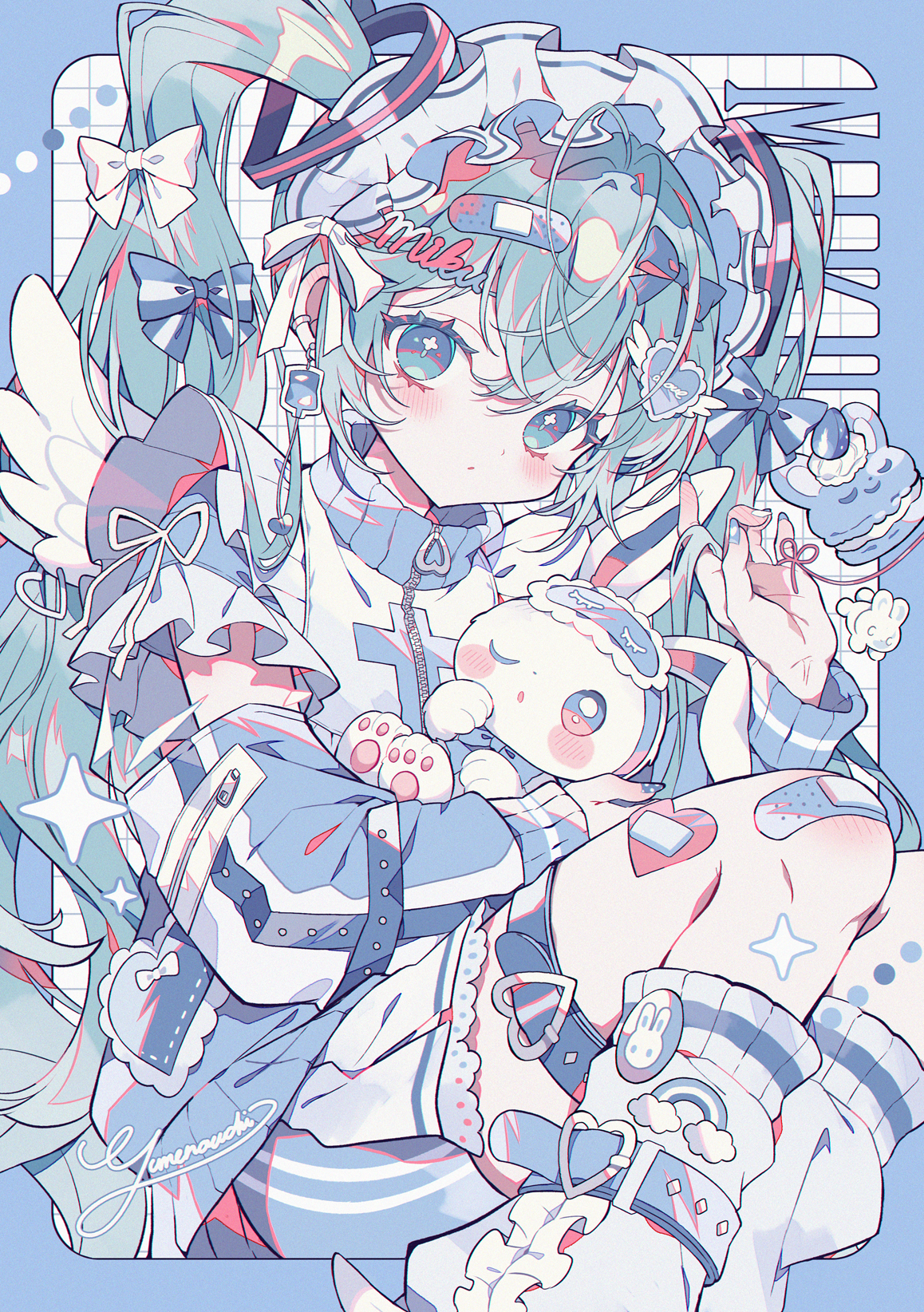 yumenouchi chiharu, hatsune miku, vocaloid, highres, 1girl, bandaid, bandaid on hair, bandaid on knee, bandaid on leg, blue eyes, blue hair, blush, bow, character name, earrings, food, garter straps, hair bow, hair ornament, jewelry, maid headdress, rabbit, socks, solo, white socks, wings
