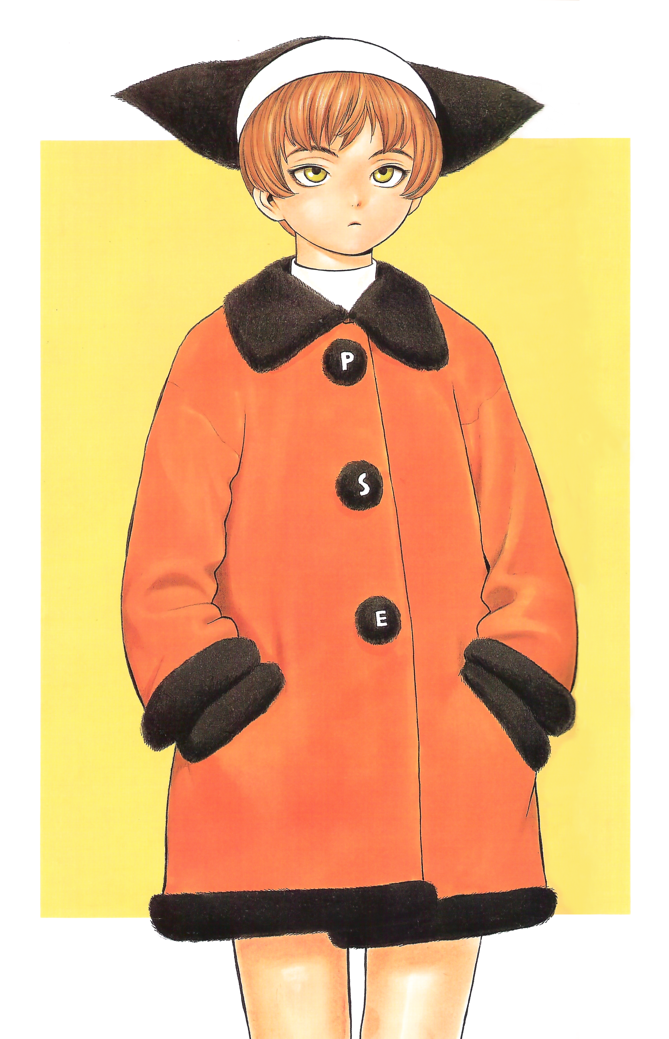 murata range, absurdres, highres, tagme, 1girl, cowboy shot, female focus, frown, outside border, solo, yellow background
