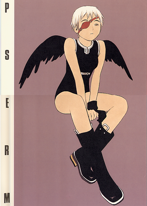 murata range, form code, 1girl, bare legs, black boots, black wings, boots, brown background, eyepatch, female focus, full body, knee boots, purple background, short hair, simple background, sitting, solo, white hair, wings, wristband
