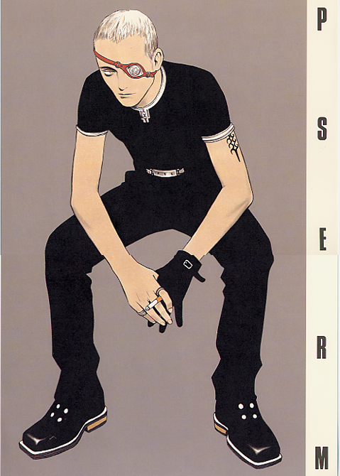 murata range, form code, 1boy, black panties, black shoes, eyepatch, full body, gloves, looking at viewer, male focus, panties, pants, shirt, shoes, short hair, short sleeves, single glove, sitting, solo, t-shirt, text focus, underwear, very short hair, white hair
