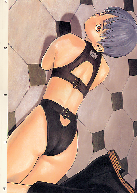 murata range, no arms, 1girl, albino, amputee, armless amputee, ass, bikini, black bikini, boots, female focus, floor, short hair, solo, swimsuit, white hair