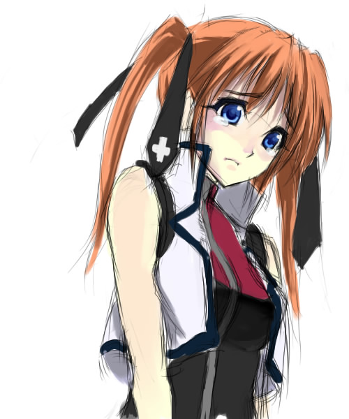 teana lanster, lyrical nanoha, mahou shoujo lyrical nanoha, mahou shoujo lyrical nanoha strikers, 00s, 1girl, blue eyes, female focus, magical girl, orange hair, solo, tears, twintails